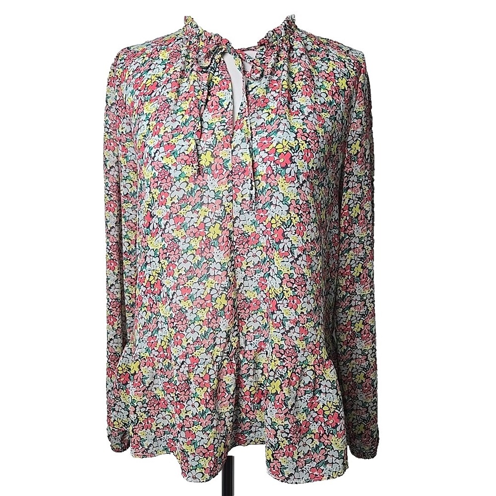 Gap Floral Chiffon Long Sleeve Tie Neck Ruffle Sheer Blouse‎ Size Medium